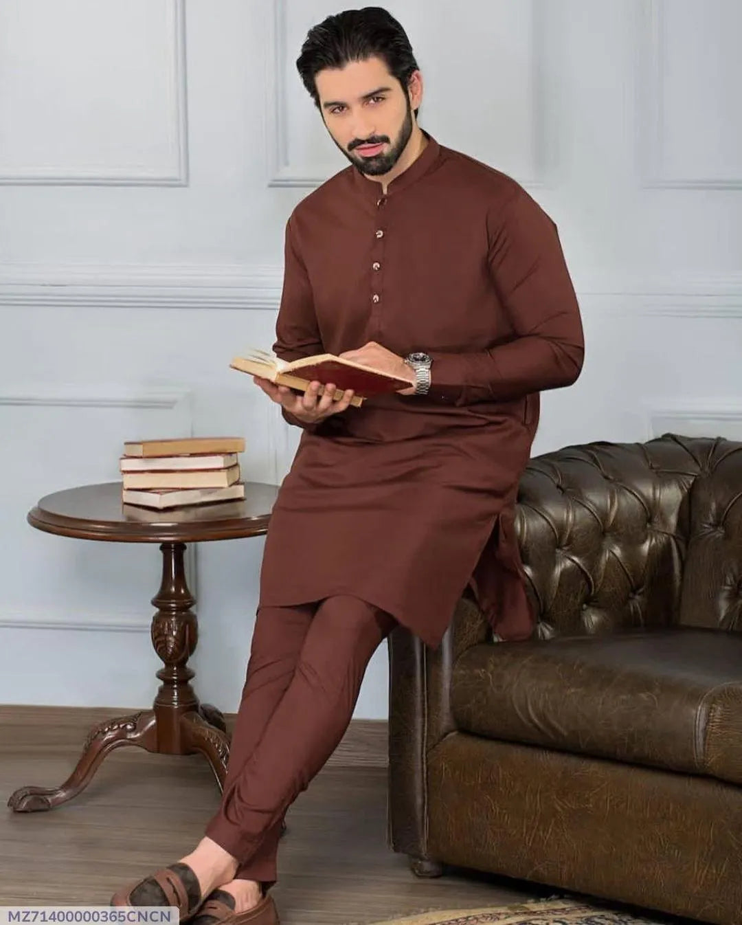 Stylish Men's Wash And Wear Shalwar Kameez - 2 Pcs Set in Brown, Plain Design