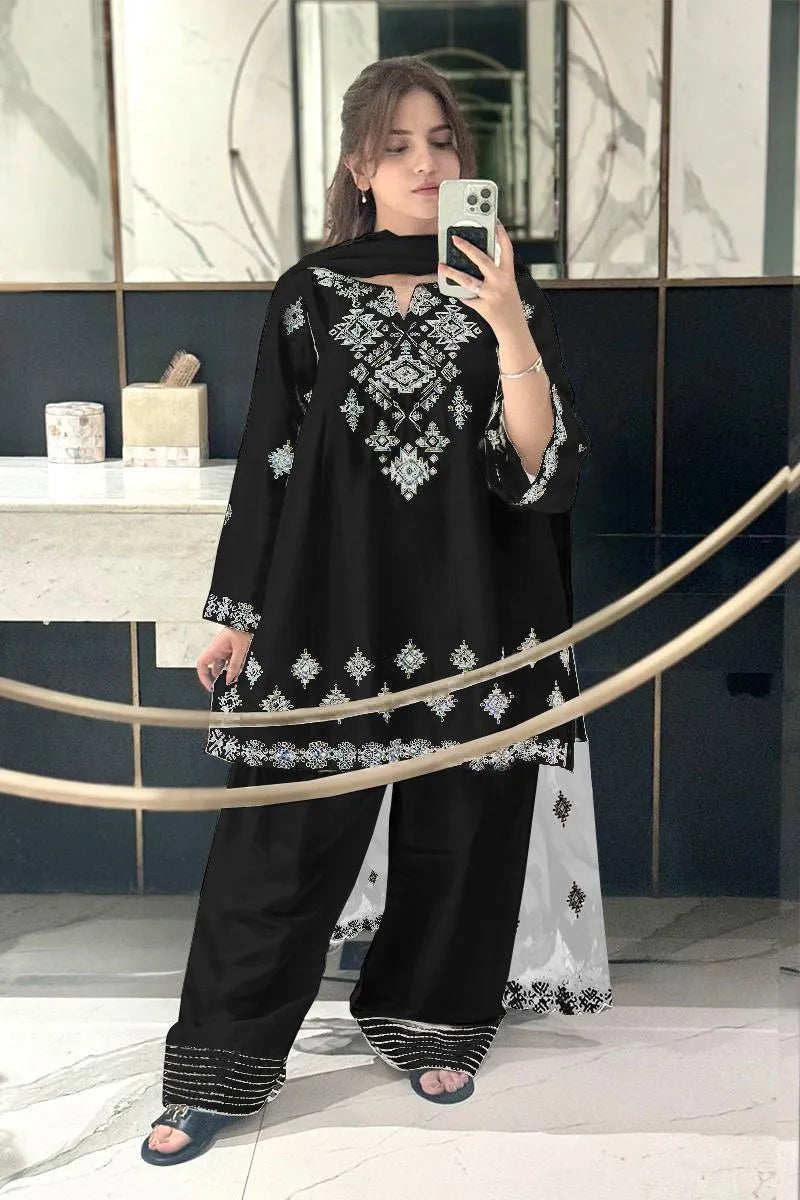 Black Embroidered 3Pc Kurta Set with Lace Dupatta