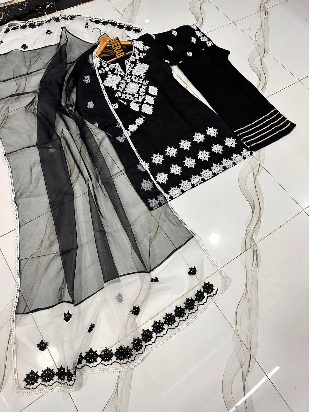 Black Embroidered 3Pc Kurta Set with Lace Dupatta