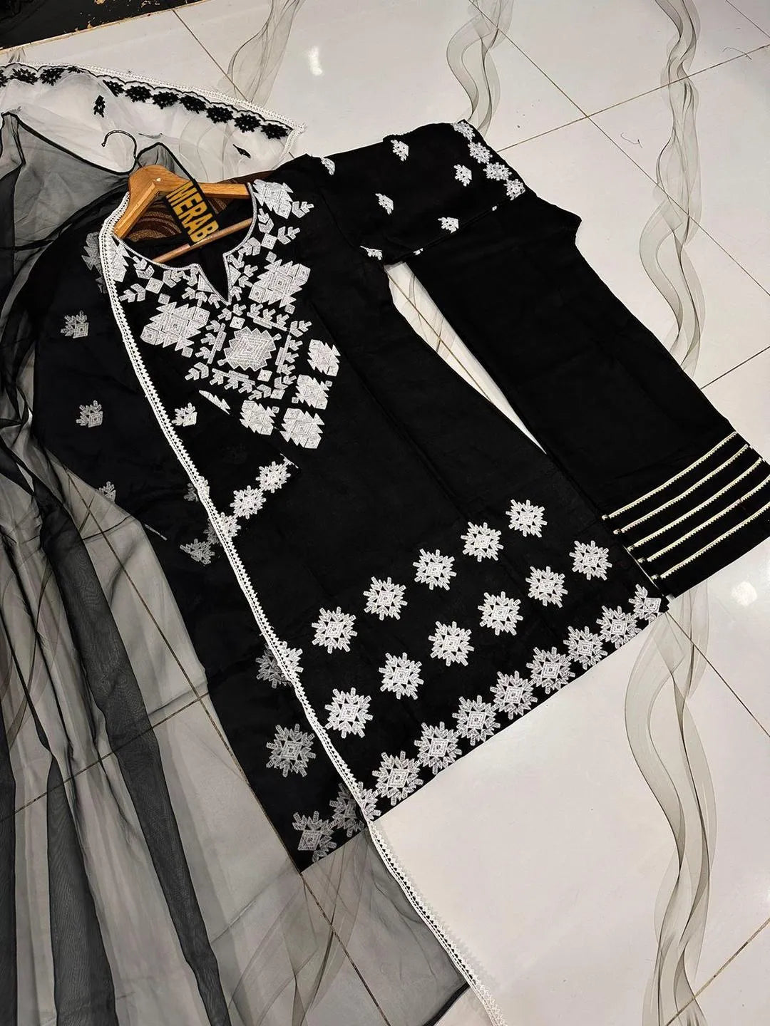 Black Embroidered 3Pc Kurta Set with Lace Dupatta