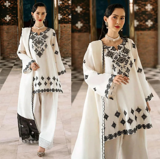 White Embroidered 3Pcs Women's Kurta Set