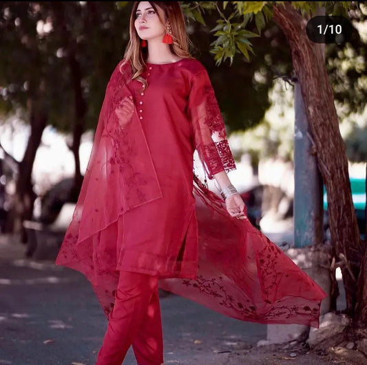 Maroon Embroidered 3-Piece Suit for Eid & Weddings