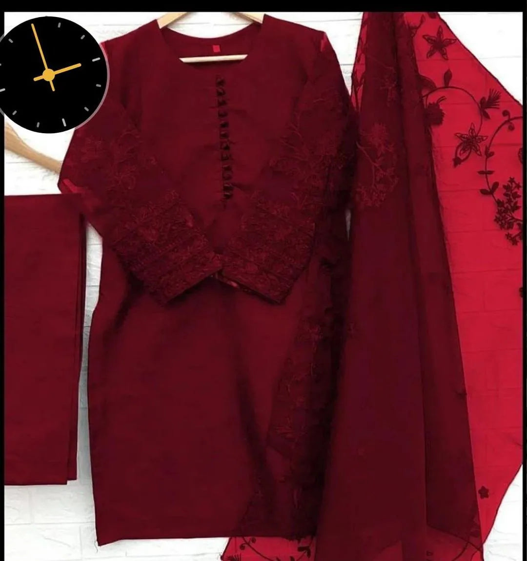 Maroon Embroidered 3-Piece Suit for Eid & Weddings