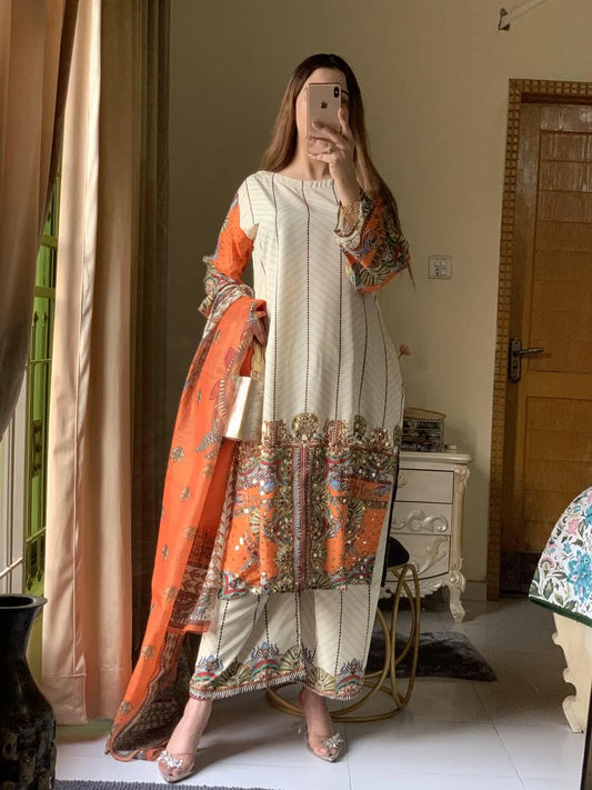 3 Pcs Women's Stitched Arabic Lawn Printed Suit