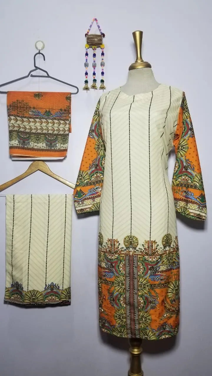 3 Pcs Women's Stitched Arabic Lawn Printed Suit
