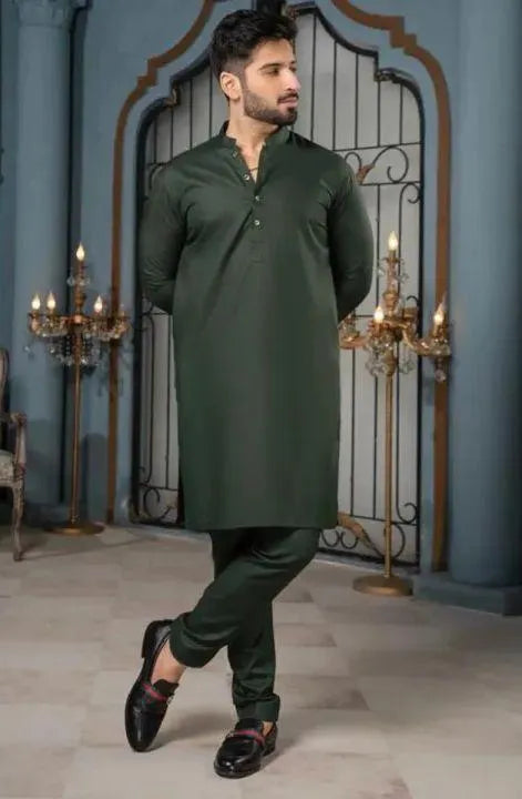 2 Pcs Men’s Stitched Wash And Wear Plain Shalwar Kameez